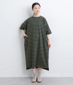 32コットン×ポリエステル引き揃え天竺ボーダー6分袖ワンピース(ネイビー×カーキ-F)