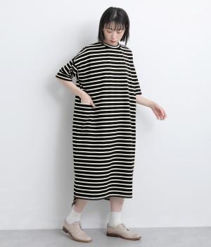 32コットン×ポリエステル引き揃え天竺ボーダー6分袖ワンピース(クロ×アイボリー-F)