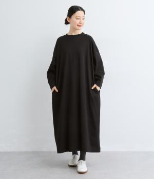 【tukuroi by SUN VALLEY】コットンスムースシルケット9分袖ワンピース(クロ-F)