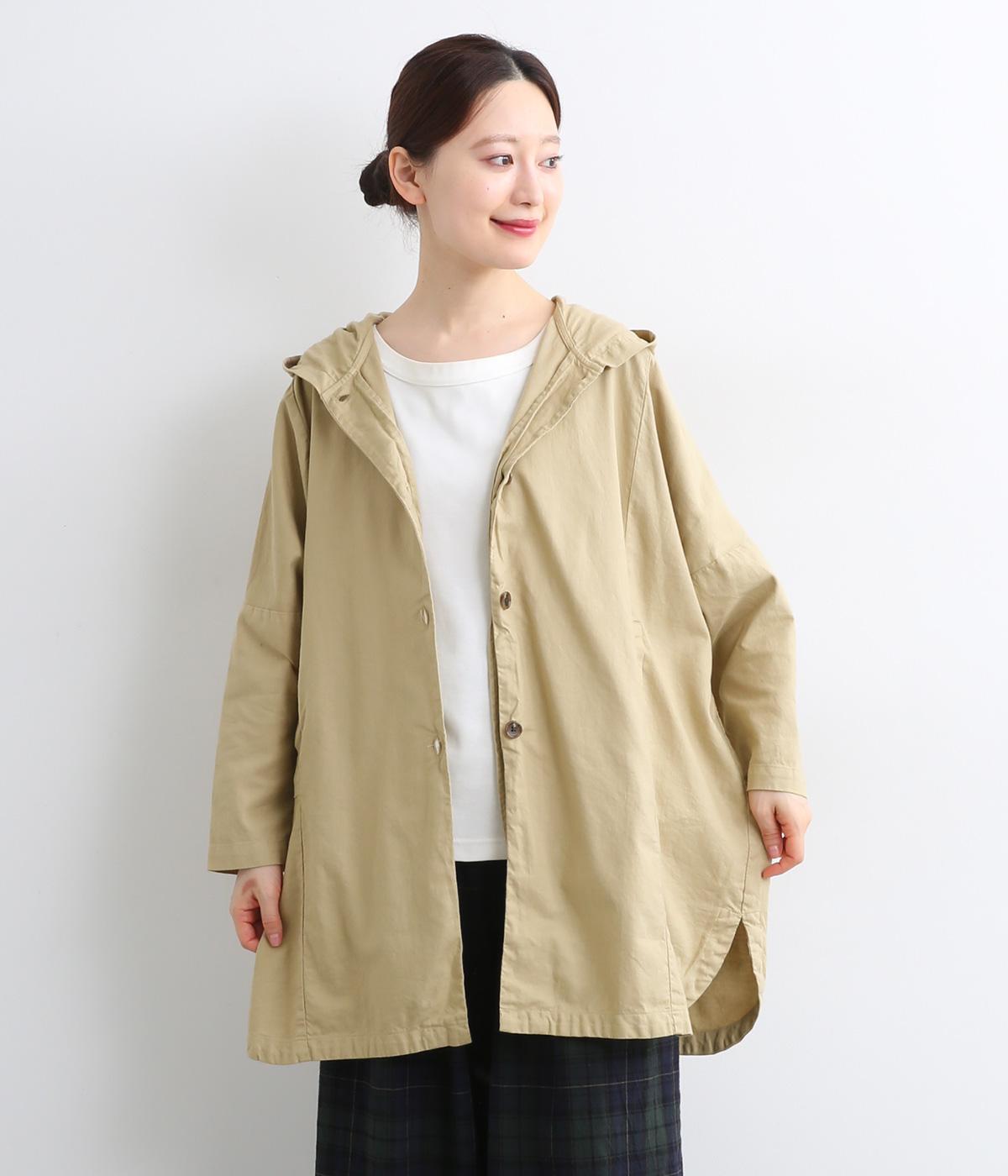 コットン綾織日本製品染　ドルマンワイドフードジャケット(ベージュ-F)