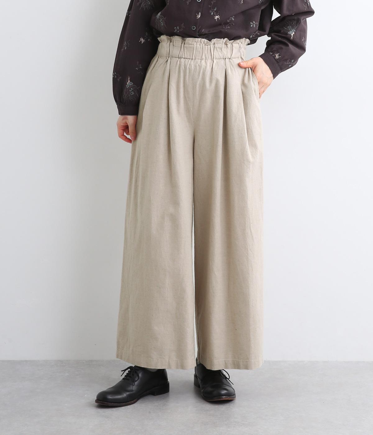コットンリネン平織　ウエストギャザーワイドパンツ(キナリ-F)