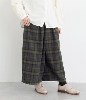 コットンリネン平織起毛ワイドパンツ(チェックオリーブ×グレー-F)