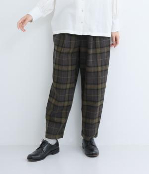 コットンリネン平織起毛テーパードパンツ(チェックオリーブ×グレー-F)