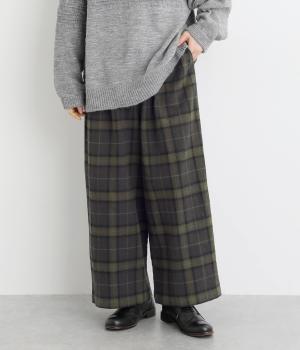 コットンリネン平織起毛ストレートワイドパンツ(チェックオリーブ×グレー-F)