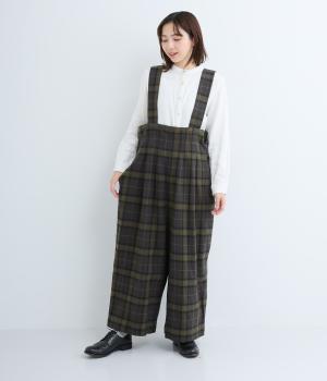 コットンリネン平織起毛サロペットパンツ(チェックオリーブ×グレー-F)