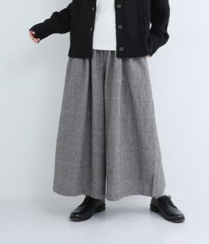コットンリネン平織起毛裏地付きワイドパンツ(チドリクロ×グレージュ-F)