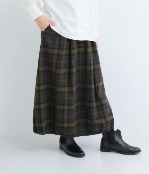 コットンリネン平織起毛スカート(チェックオリーブ×グレー-F)