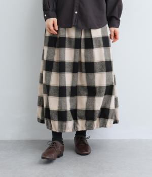 コットン平織起毛ブロックチェックスカート(グレージュ×クロ-F)