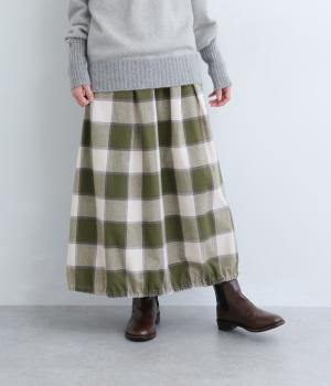 コットン平織起毛ブロックチェックスカート(グレージュ×カーキ-F)