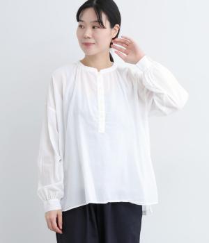 コットンボイル日本製品染　スタンドカラーブラウス(シロ-F)