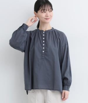 コットンボイル日本製品染　スタンドカラーブラウス(グレーネイビー-F)