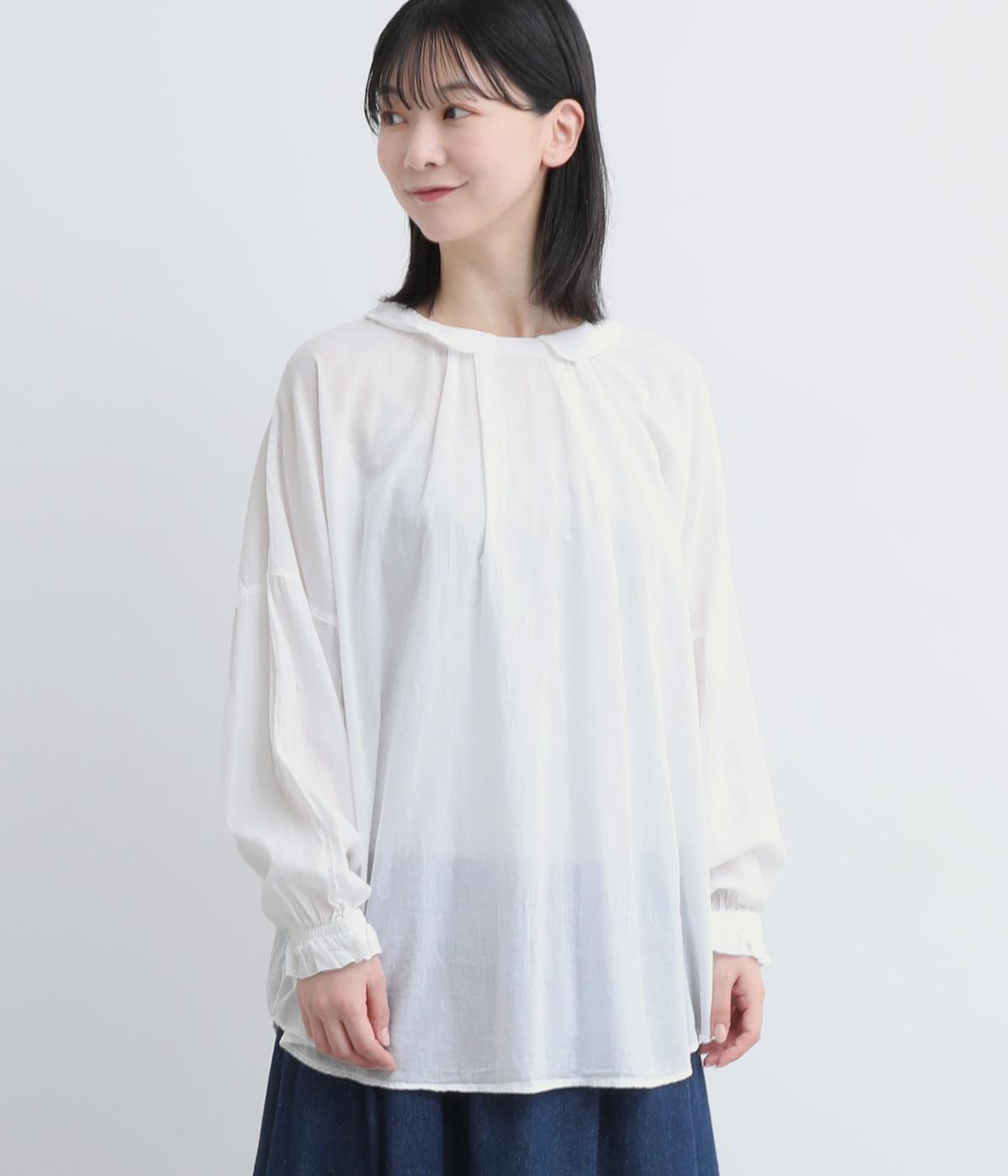 コットンボイル日本製品染　2way丸襟ワイドブラウス(シロ-F)