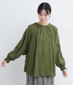 コットンボイル日本製品染　2way丸襟ワイドブラウス(パイングリーン-F)