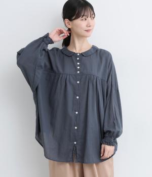 コットンボイル日本製品染　2way丸襟ワイドブラウス(グレーネイビー-F)