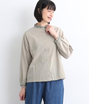 コットン平織ライン刺繍　シャツ(ミントベージュ-F)