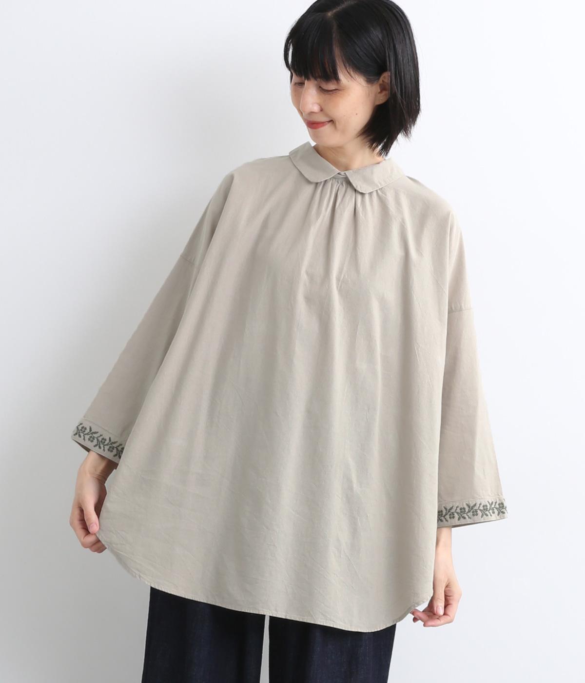 コットン平織ライン刺繍　2way丸襟プルオーバー(ミントベージュ-F)