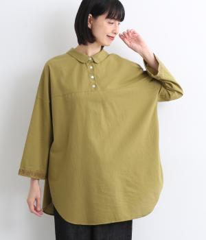 コットン平織ライン刺繍　2way丸襟プルオーバー(カーキマスタード-F)