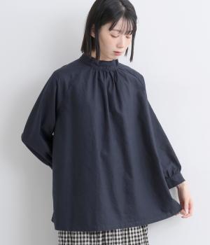 コットンオックス日本製品染　モックネックブラウス(ネイビー-F)