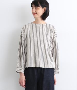 コットンシャンブレーストライプ　2wayリボンブラウス