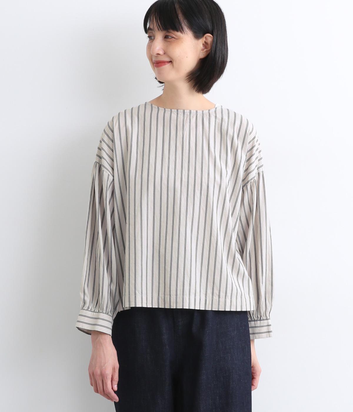 コットンシャンブレーストライプ　2wayリボンブラウス(キナリ-F)