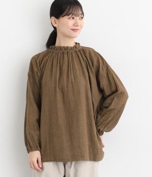 コットンTOP糸ダブルガーゼ　ネックギャザープルオーバー(ブラウン-F)