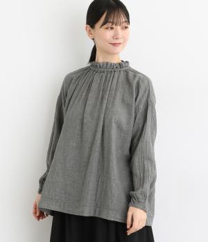 コットンTOP糸ダブルガーゼ　ネックギャザープルオーバー(ダークグレー-F)