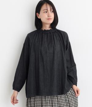 コットンTOP糸ダブルガーゼ　ネックギャザープルオーバー(ネイビー-F)