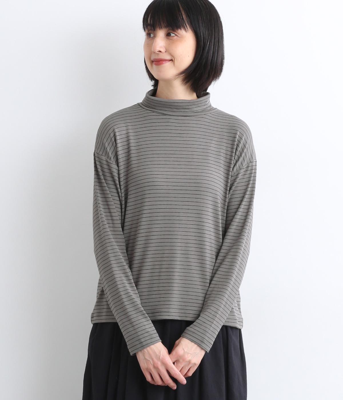 ストレッチフライスボーダー　モックネックプルオーバー(グレー-F)
