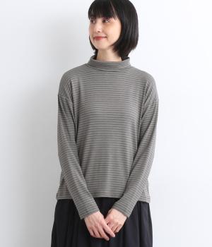 ストレッチフライスボーダー　モックネックプルオーバー(グレー-F)