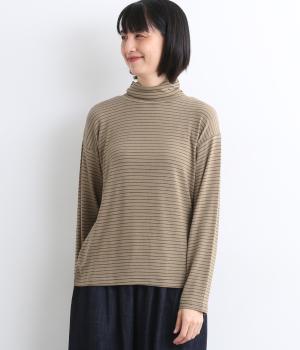 ストレッチフライスボーダー　モックネックプルオーバー(ダークベージュ-F)