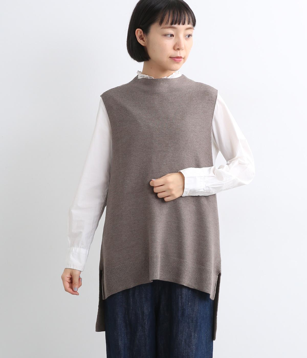 アクリルコットンガーダー編み　モックネックニットベスト(モカグレー-F)