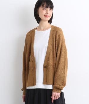 アクリルコットン模様編み　ニットカーディガン(キャメル-F)