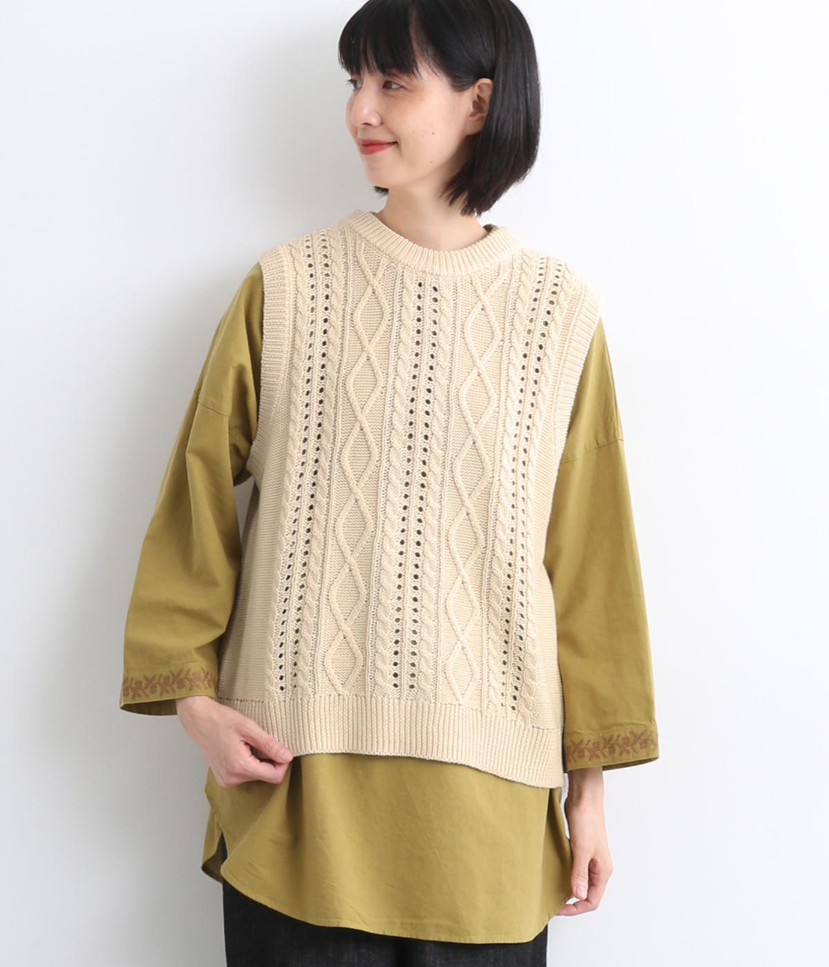アクリルコットン模様編み　ニットベスト(クリーム-F)