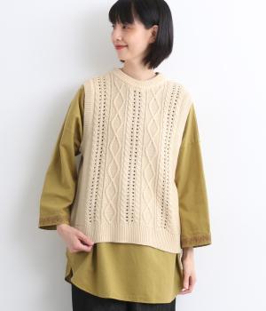 アクリルコットン模様編み　ニットベスト(クリーム-F)