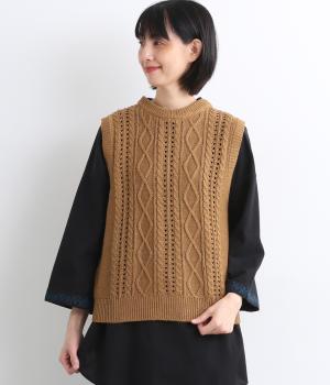 アクリルコットン模様編み　ニットベスト(キャメル-F)
