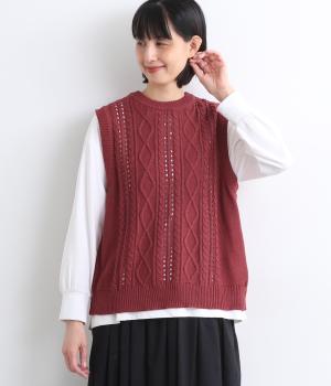 アクリルコットン模様編み　ニットベスト(ラズベリーローズ-F)