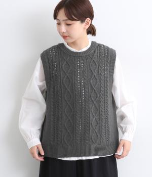 アクリルコットン模様編み　ニットベスト(チャコール-F)