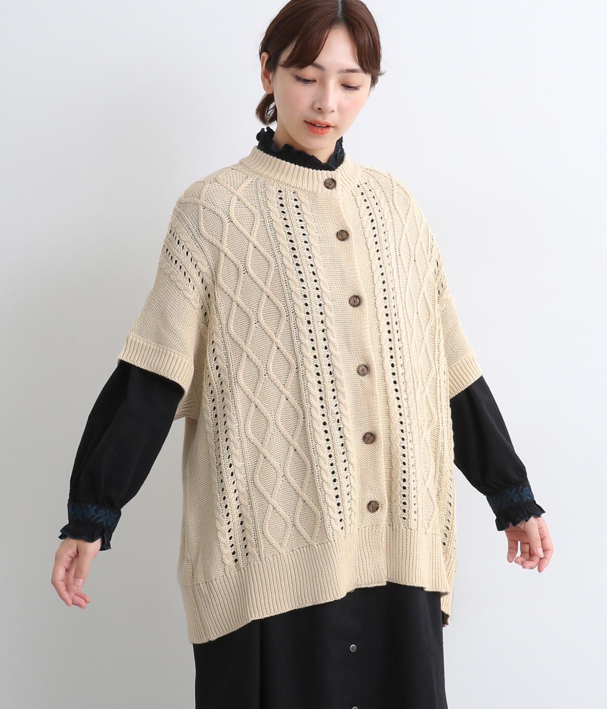 アクリルコットン模様編み　ニットワイドカーディガン(クリーム-F)