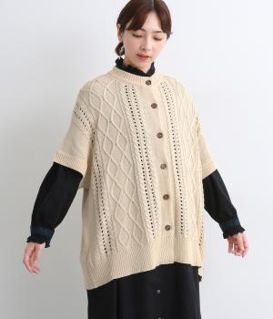 アクリルコットン模様編み　ニットワイドカーディガン(クリーム-F)