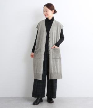 【tukuroi by SUN VALLEY】リネンウール混　ロングニットジレ(グレー-F)