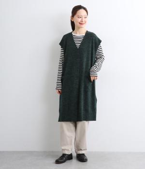 【tukuroi by SUN VALLEY】リネンウール混　ロングニットジレ(グリーン-F)