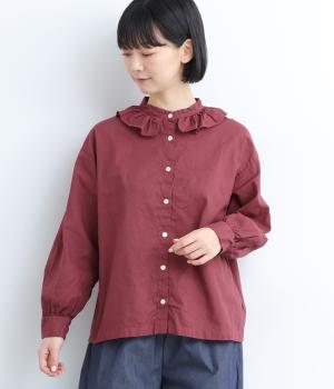 【tukuroi by SUN VALLEY】コットンリネン平織日本製品染　フリルカラーブラウス(カシスピンク-F)
