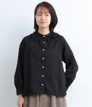 【tukuroi by SUN VALLEY】コットンリネン平織日本製品染　フリルカラーブラウス(クロ-F)