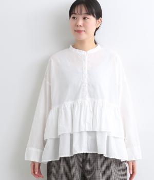 【tukuroi by SUN VALLEY】コットンリネン平織日本製品染　異素材切替えギャザーブラウス(シロ-F)