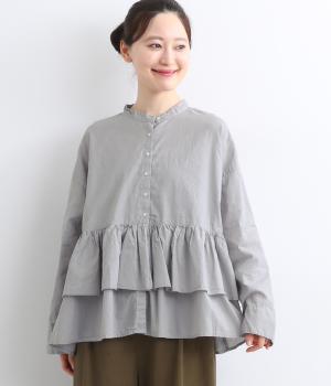 【tukuroi by SUN VALLEY】コットンリネン平織日本製品染　異素材切替えギャザーブラウス(ミストグレー-F)