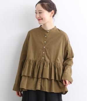 【tukuroi by SUN VALLEY】コットンリネン平織日本製品染　異素材切替えギャザーブラウス(ブラウンカーキ-F)
