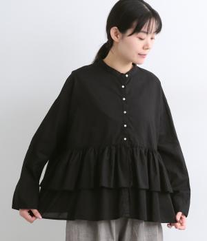 【tukuroi by SUN VALLEY】コットンリネン平織日本製品染　異素材切替えギャザーブラウス(クロ-F)