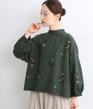 【tukuroi by SUN VALLEY】コットンリネン平織総柄刺繍　モックネックワイドプルオーバー(ダークグリーン-F)