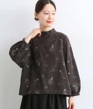 【tukuroi by SUN VALLEY】コットンリネン平織総柄刺繍　モックネックワイドプルオーバー(チャコール-F)