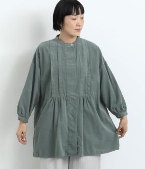 コットンコーデュロイ日本製品染　タックブラウス(ブルーグリーン-F)